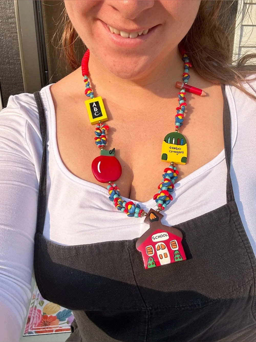 Long Red Blue & Yellow Wood Bead Painted School Related Links Pendant Necklace